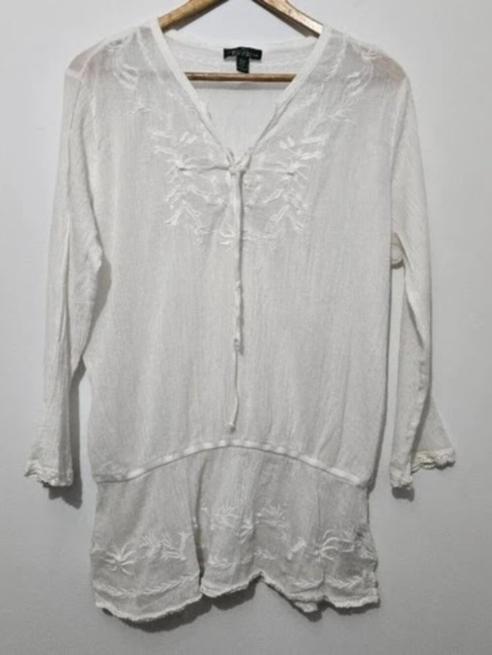 LRL Lauren Jeans Co Womens White Embroidered Peasant Top Sz L Sheer Cottagecore